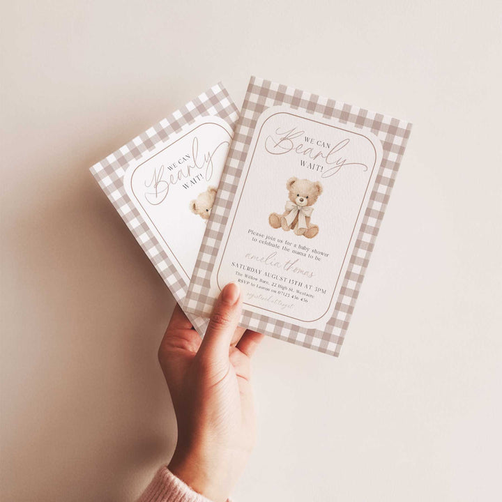 We Can Bearly Wait Neutral Gingham Invitation