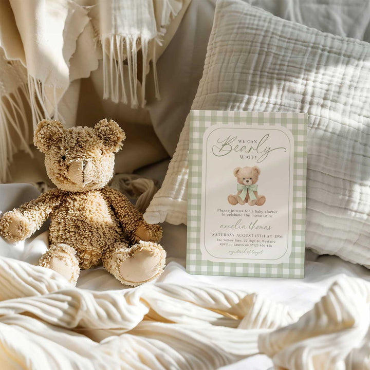 We Can Bearly Wait Green Gingham Invitation
