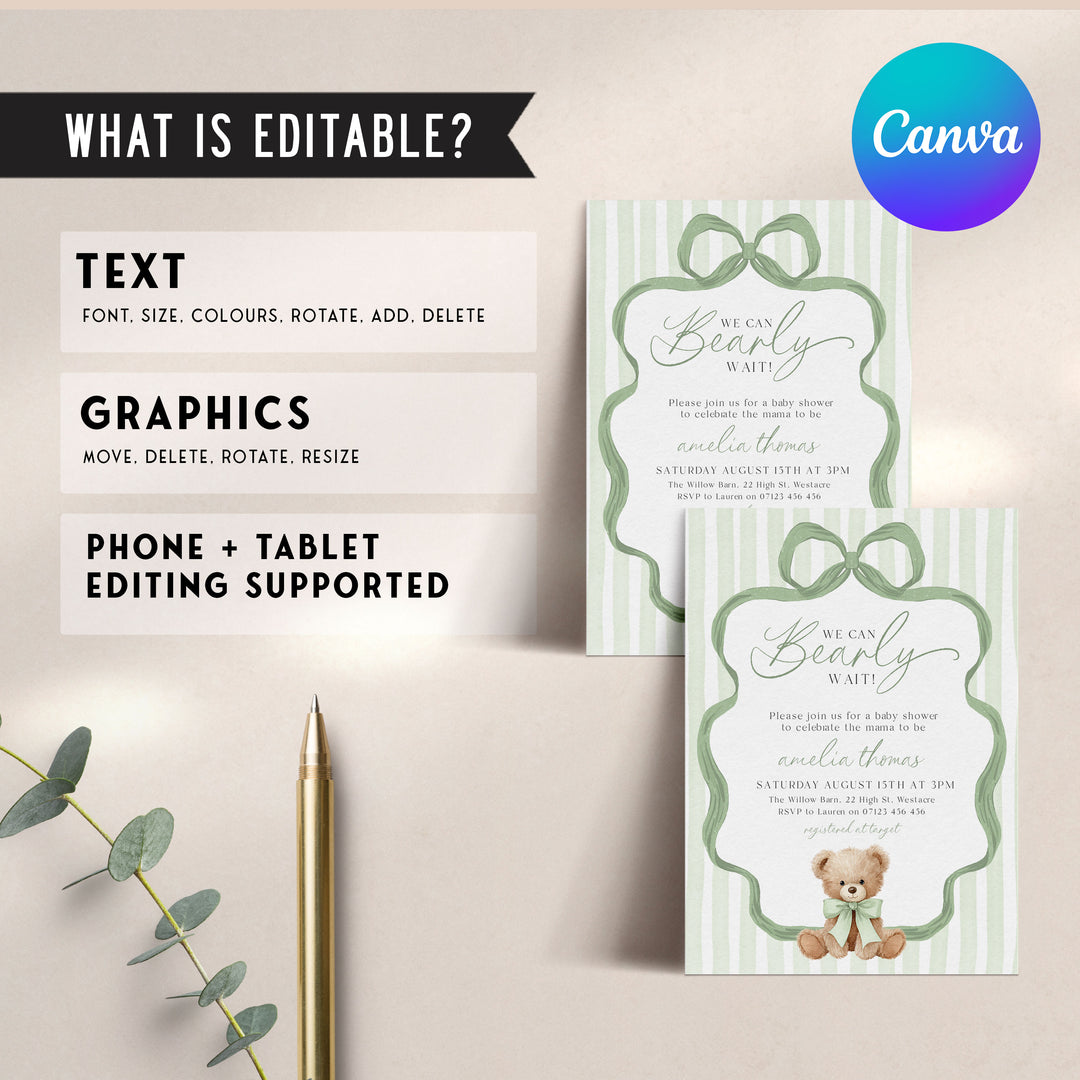 We Can Bearly Wait Green Bow Invitation