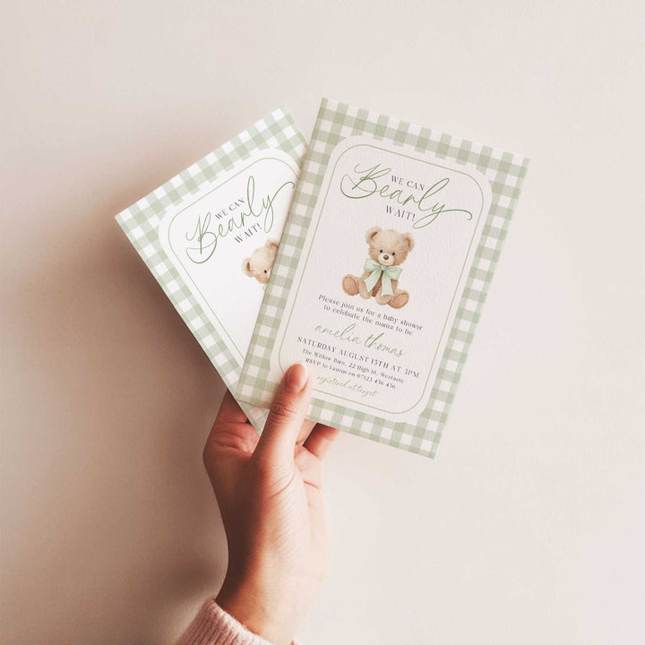 We Can Bearly Wait Green Gingham Invitation
