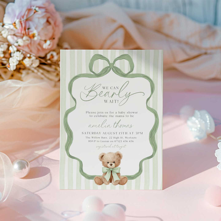 We Can Bearly Wait Green Bow Invitation