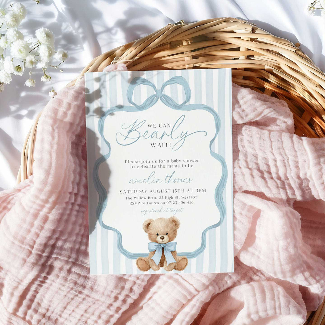 We Can Bearly Wait Blue Bow Invitation