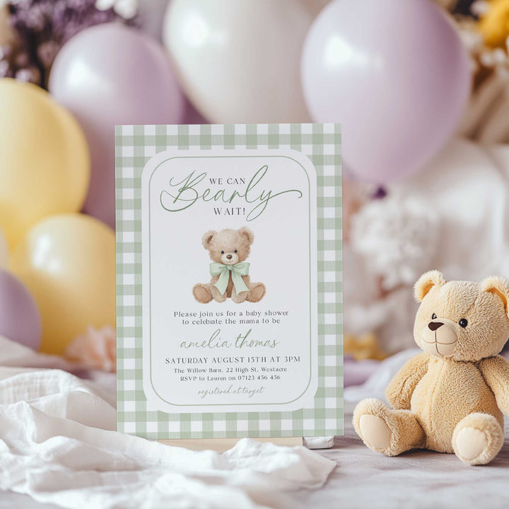 We Can Bearly Wait Green Gingham Invitation