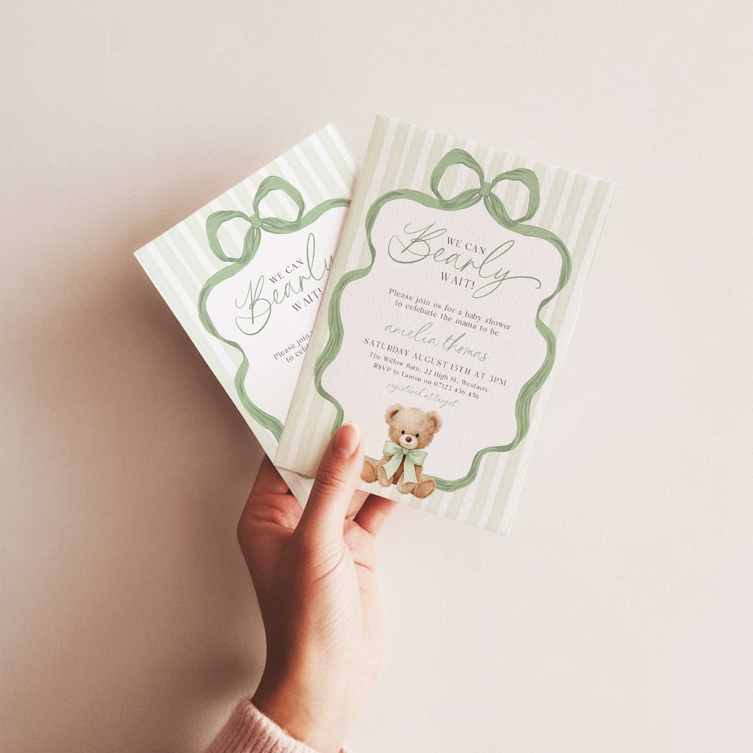 We Can Bearly Wait Green Bow Invitation