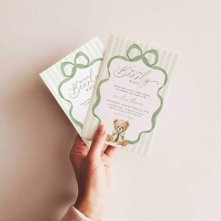 We Can Bearly Wait Green Bow Invitation