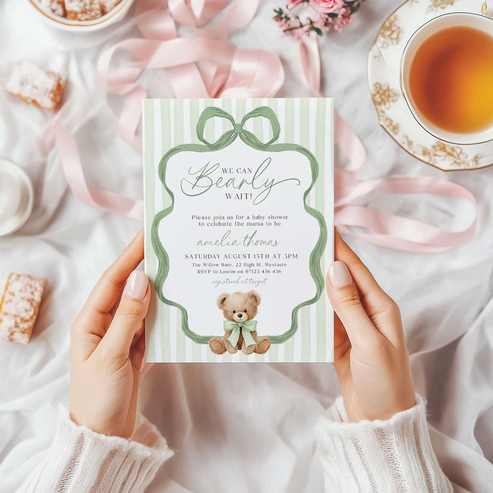 We Can Bearly Wait Green Bow Invitation