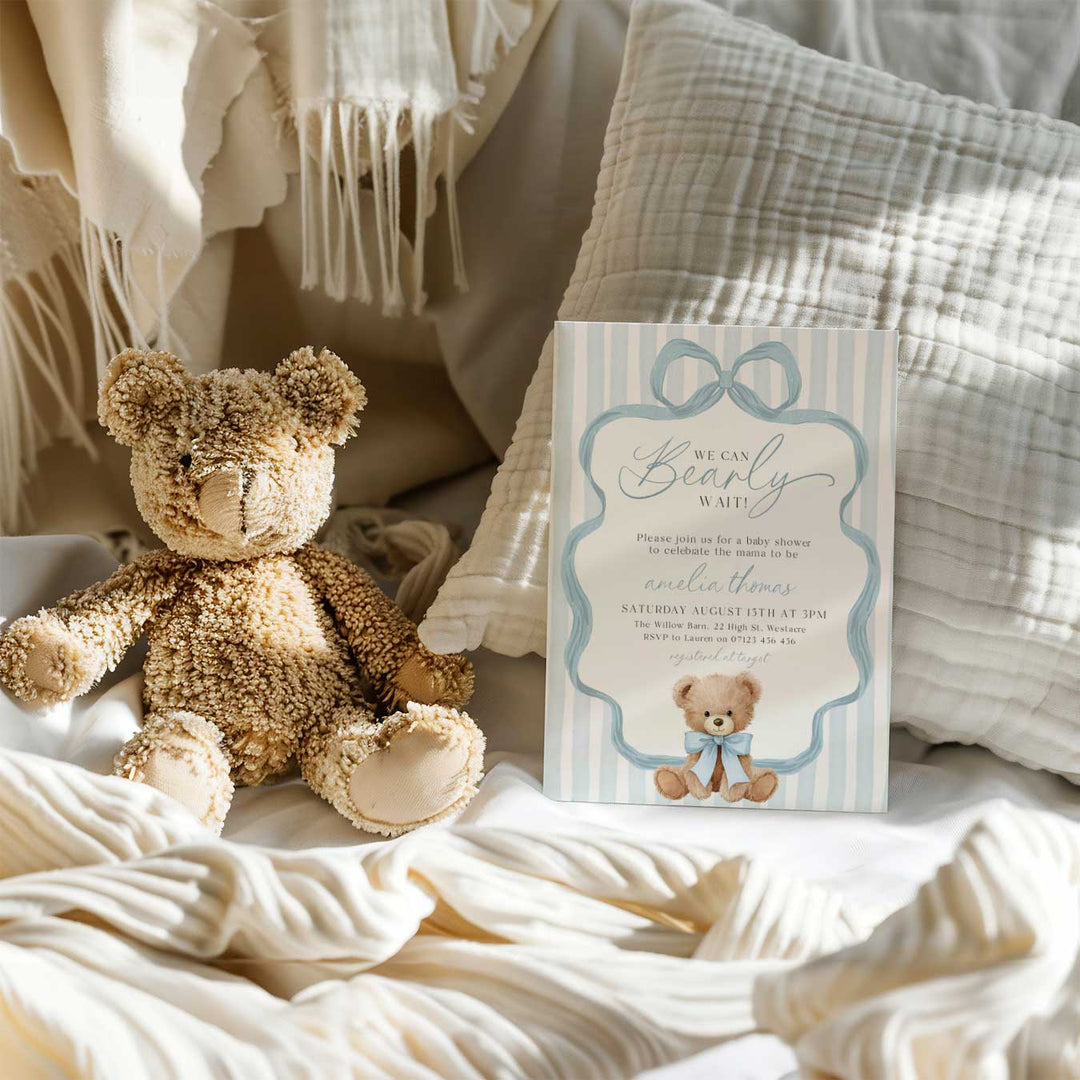 We Can Bearly Wait Blue Bow Invitation