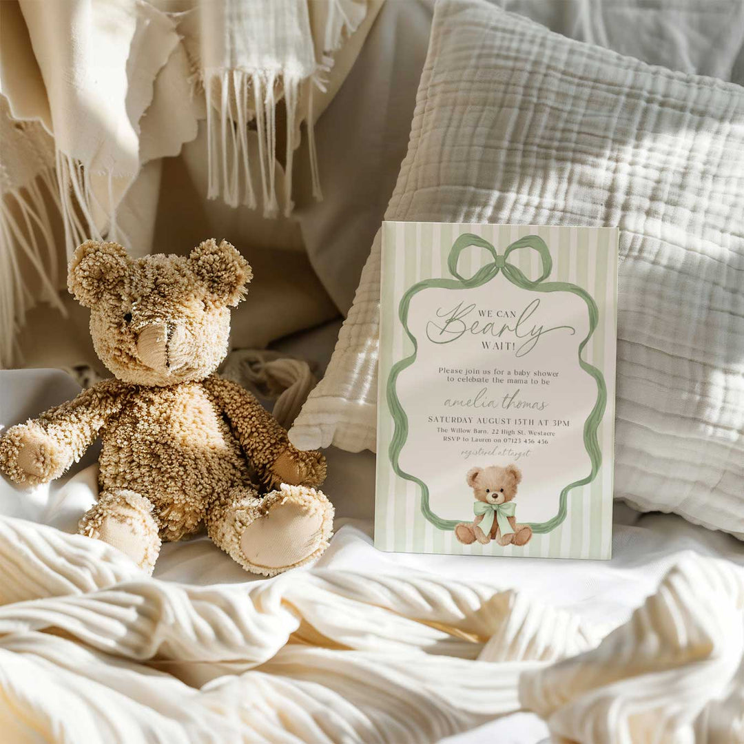 We Can Bearly Wait Green Bow Invitation