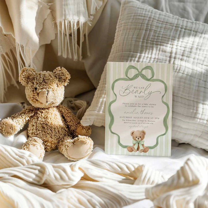 We Can Bearly Wait Green Bow Invitation