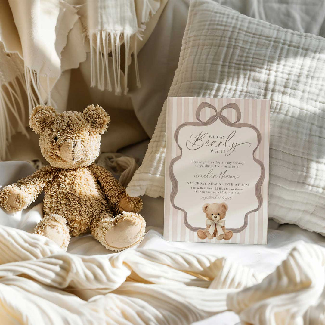 We Can Bearly Wait Striped Neutral Invitation