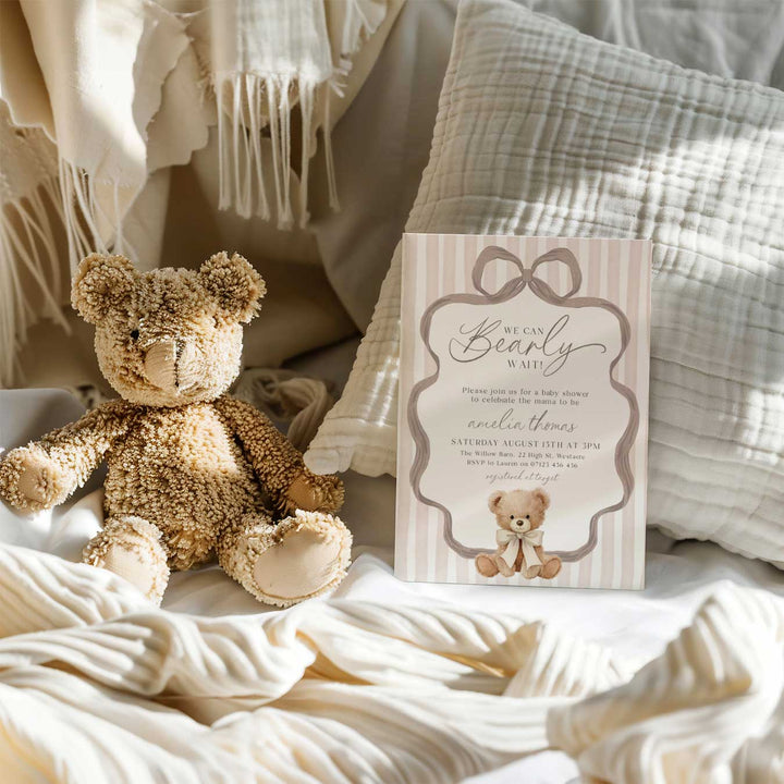 We Can Bearly Wait Striped Neutral Invitation