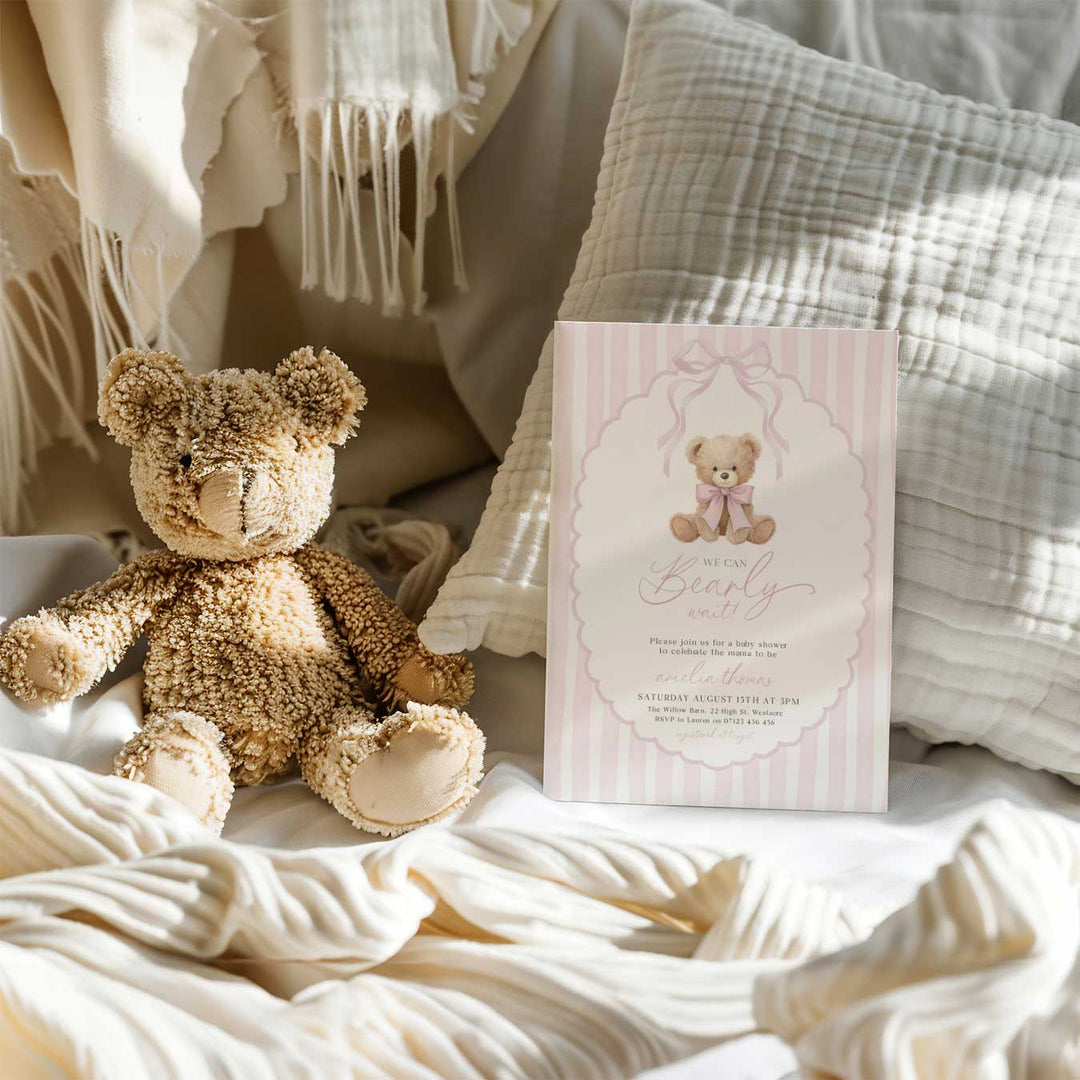 We Can Bearly Wait Pink Ribbon Invitation
