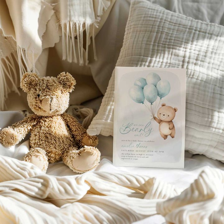 We Can Bearly Wait Blue Balloons Invitation