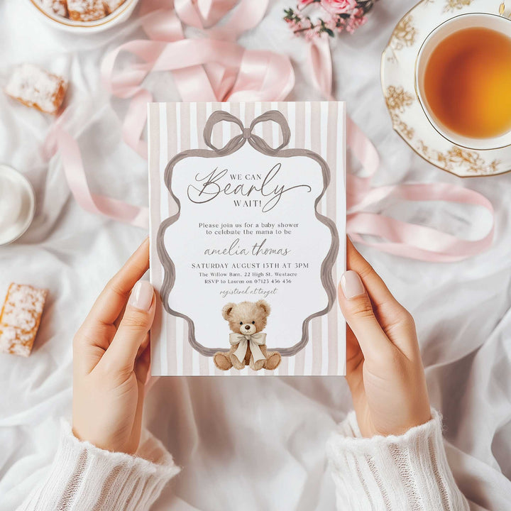 We Can Bearly Wait Striped Neutral Invitation