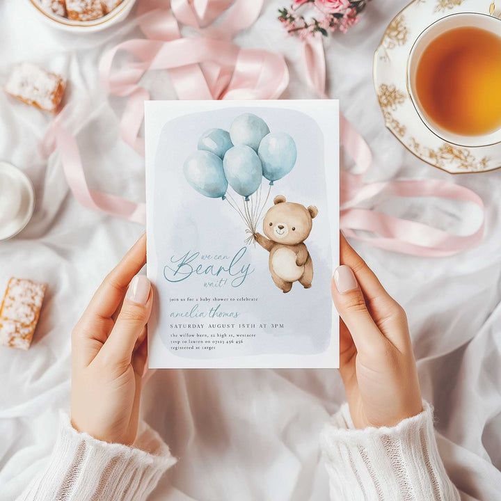 We Can Bearly Wait Blue Balloons Invitation