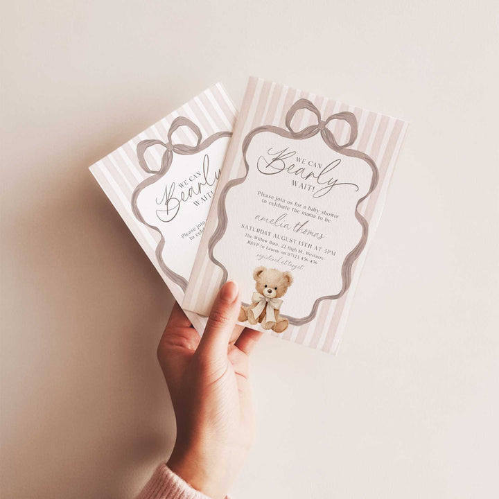 We Can Bearly Wait Striped Neutral Invitation
