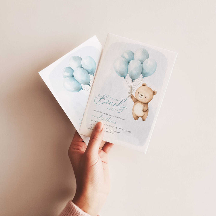 We Can Bearly Wait Blue Balloons Invitation