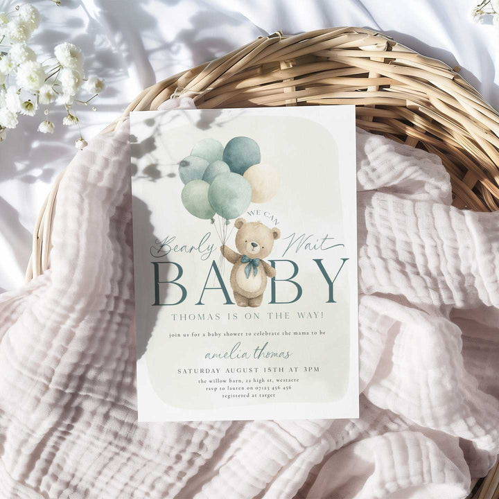 We Can Bearly Wait Blue Balloons Invitation
