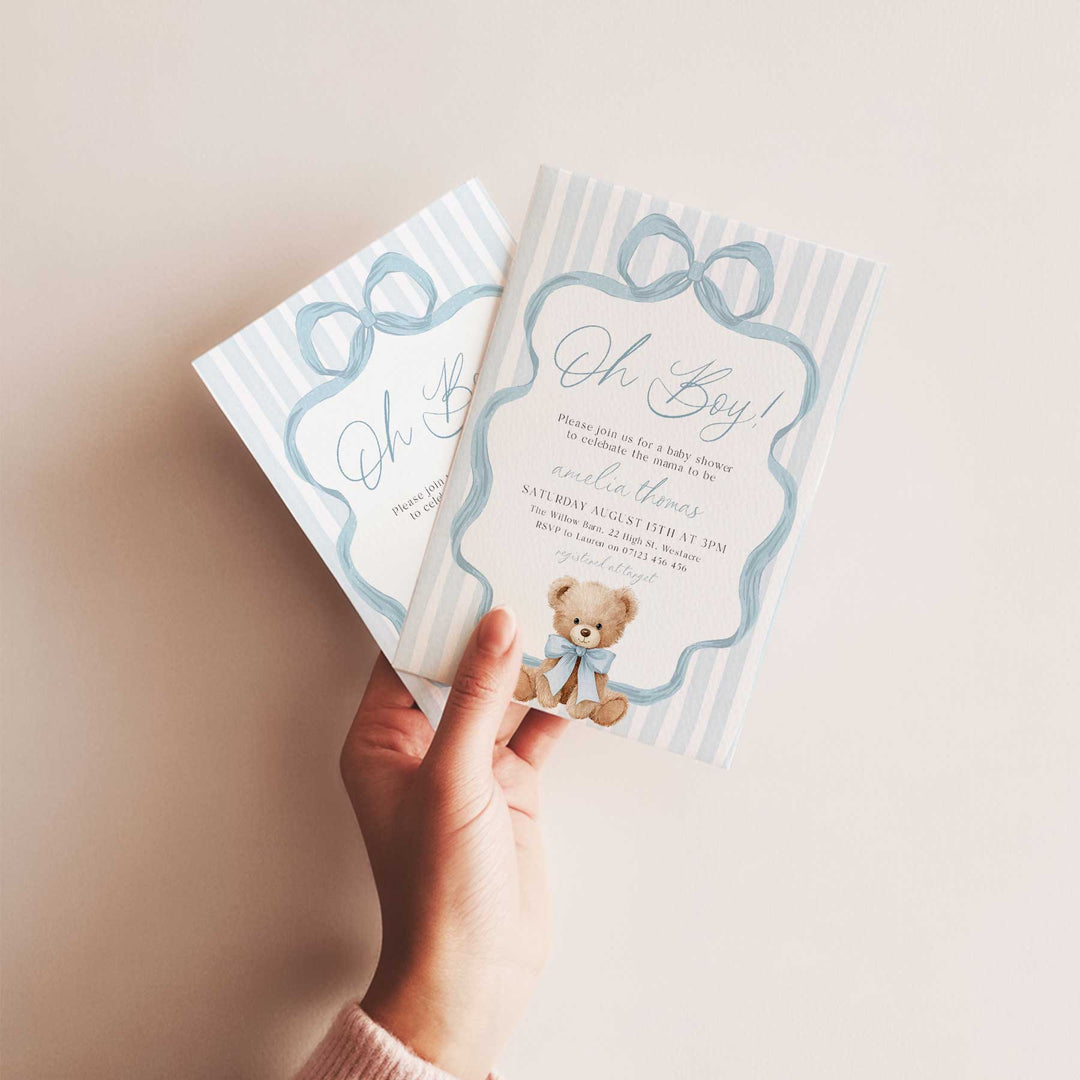 We Can Bearly Wait Oh Boy Blue Bow Invitation