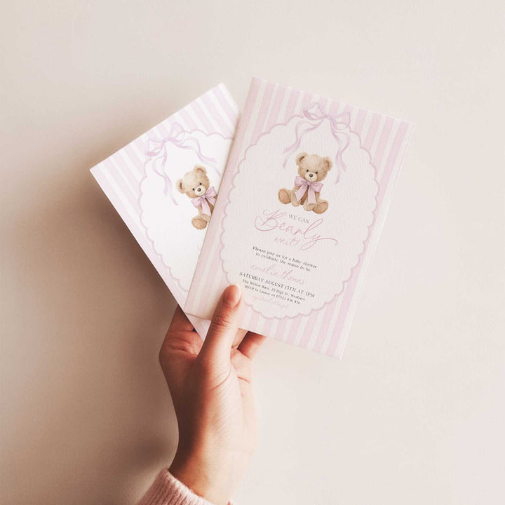 We Can Bearly Wait Pink Ribbon Invitation