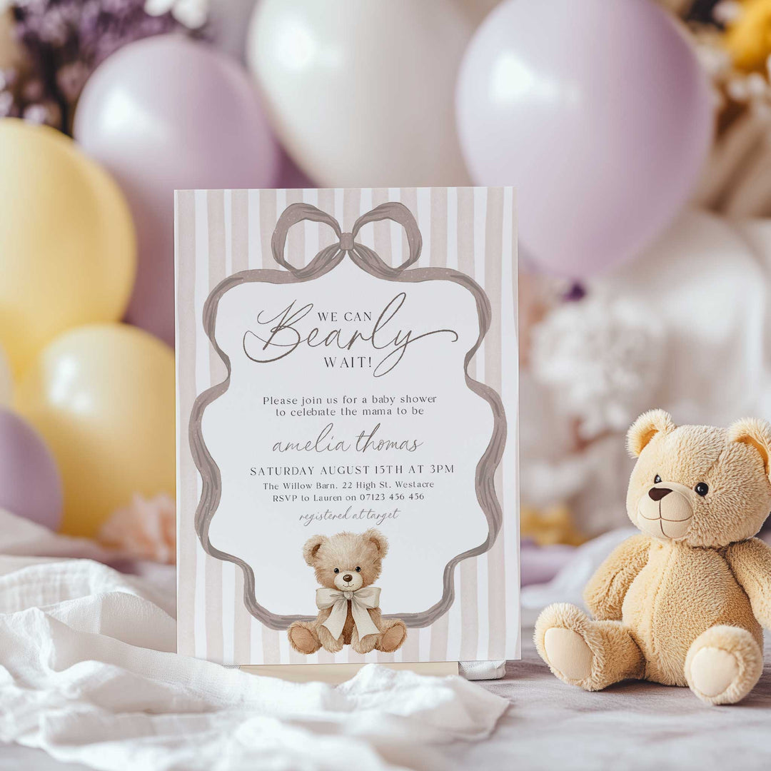 We Can Bearly Wait Striped Neutral Invitation