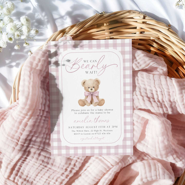 We Can Bearly Wait Pink Gingham Invitation
