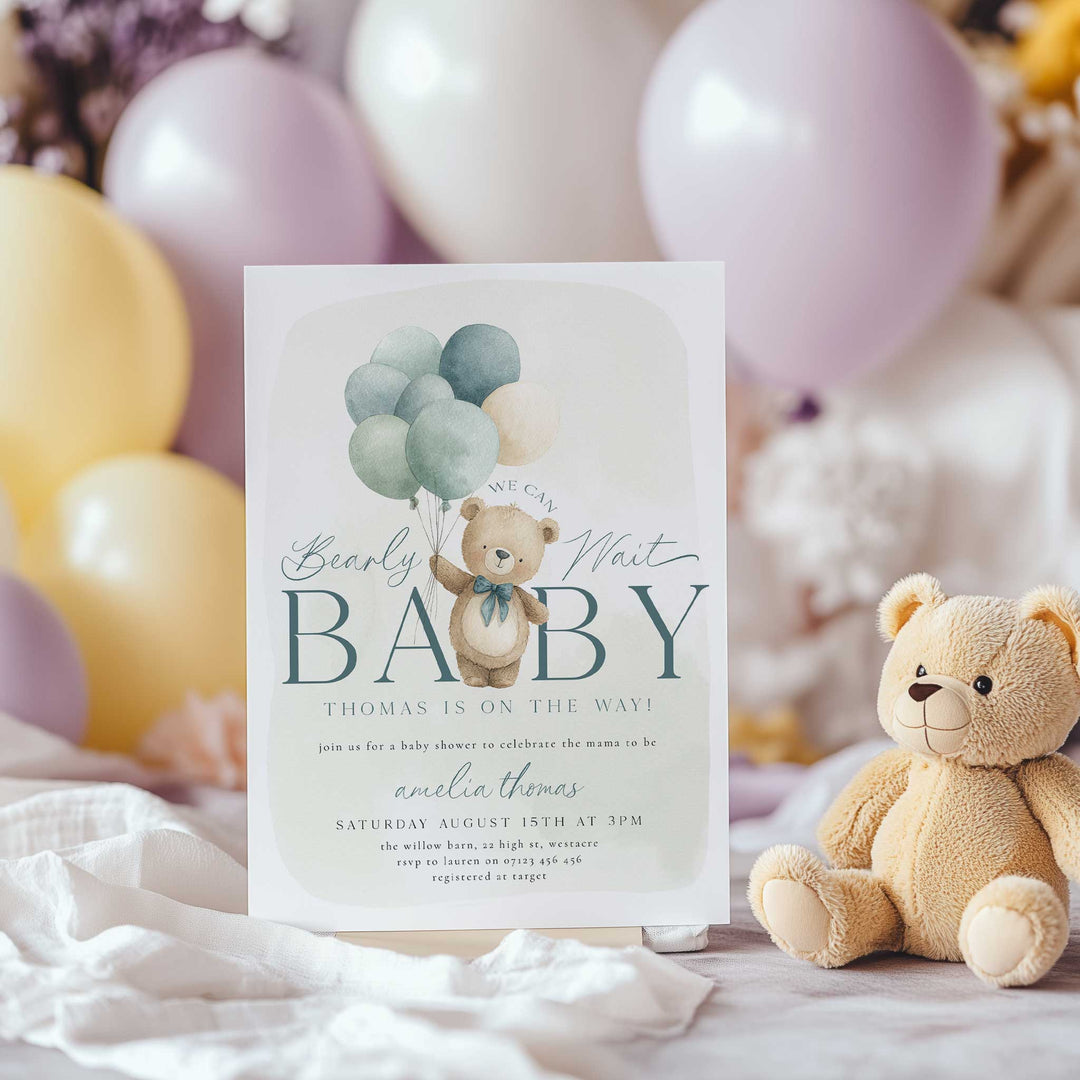 We Can Bearly Wait Blue Balloons Invitation