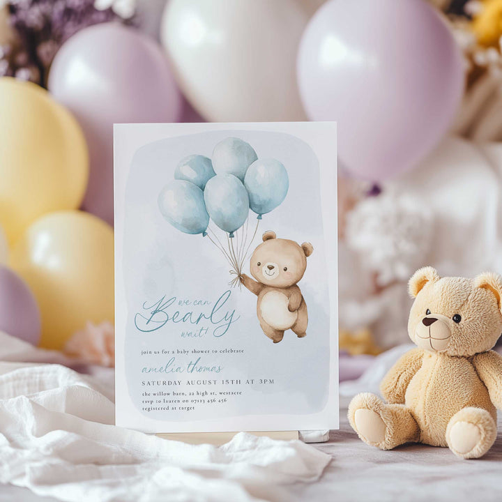 We Can Bearly Wait Blue Balloons Invitation