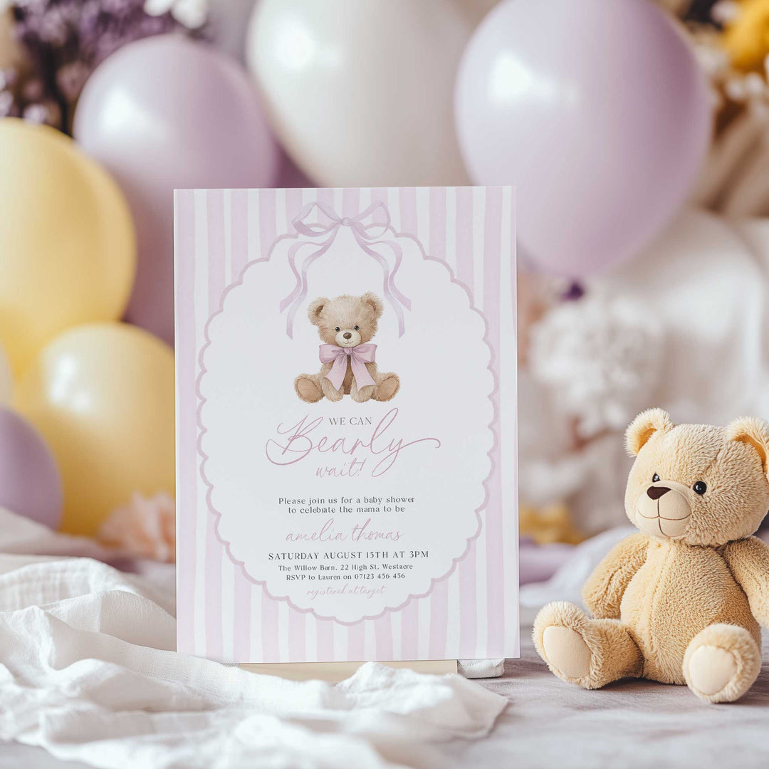 We Can Bearly Wait Pink Ribbon Invitation