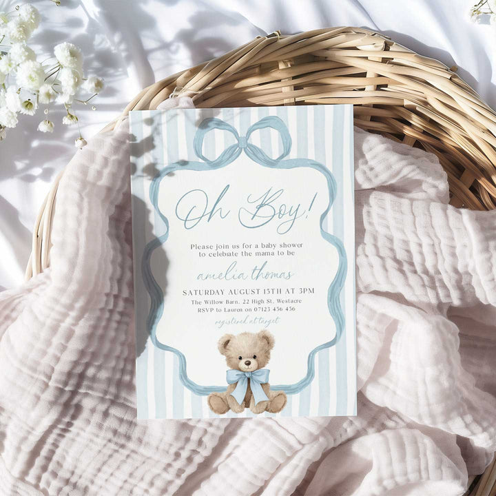 We Can Bearly Wait Oh Boy Blue Bow Invitation