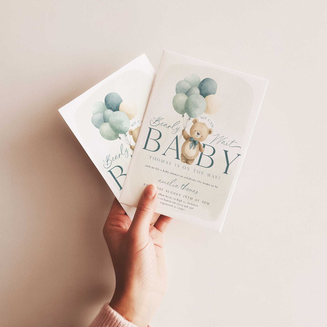 We Can Bearly Wait Blue Balloons Invitation