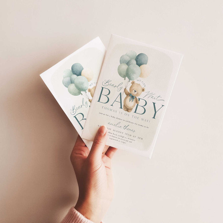We Can Bearly Wait Blue Balloons Invitation