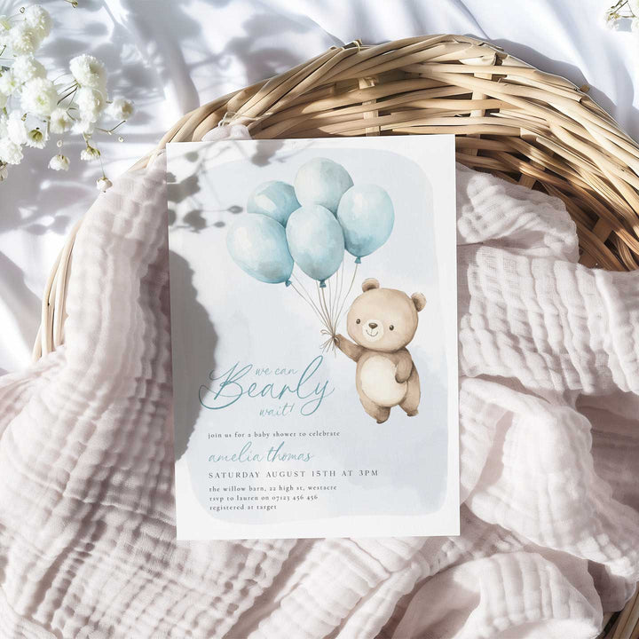 We Can Bearly Wait Blue Balloons Invitation