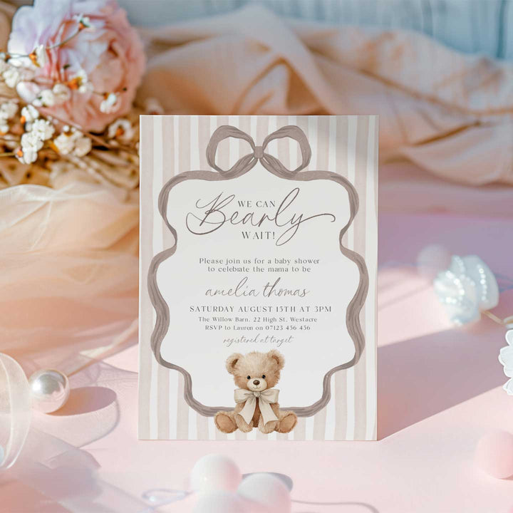 We Can Bearly Wait Striped Neutral Invitation