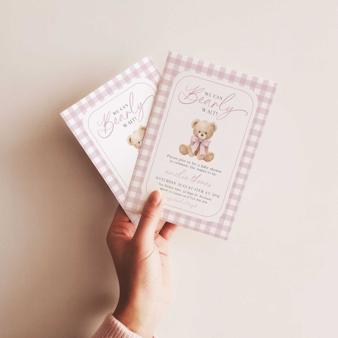 We Can Bearly Wait Pink Gingham Invitation
