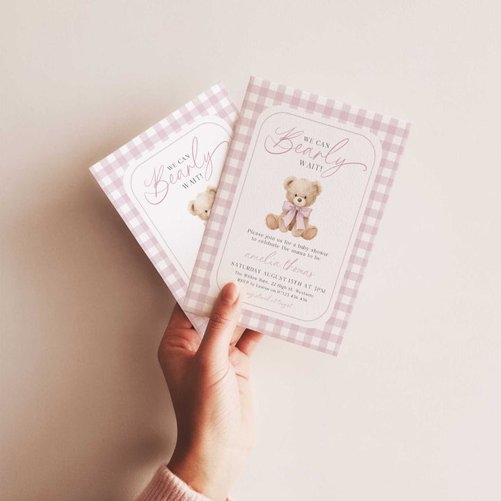 We Can Bearly Wait Pink Gingham Invitation