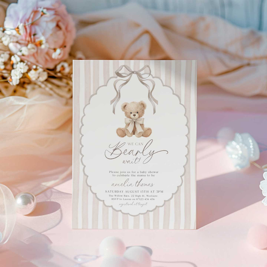 We Can Bearly Wait Neutral Ribbon Invitation