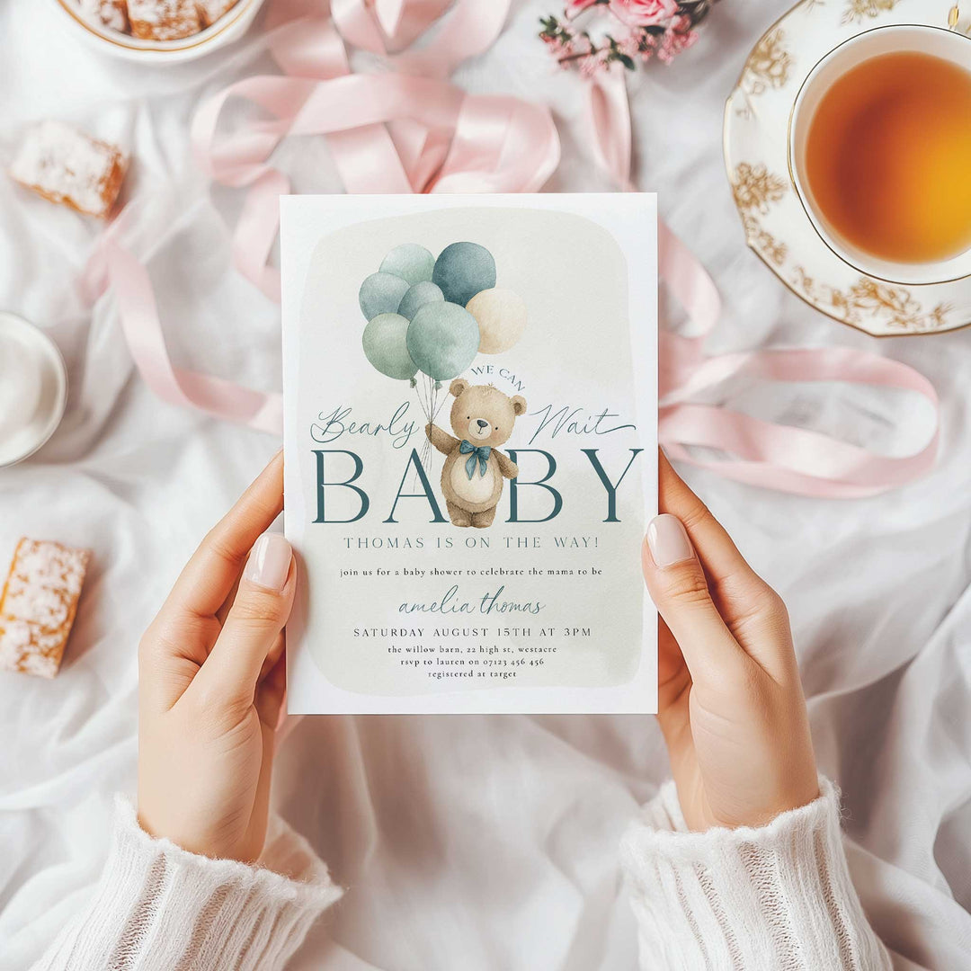 We Can Bearly Wait Blue Balloons Invitation