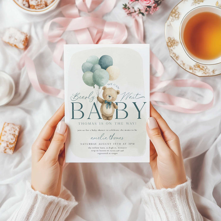 We Can Bearly Wait Blue Balloons Invitation