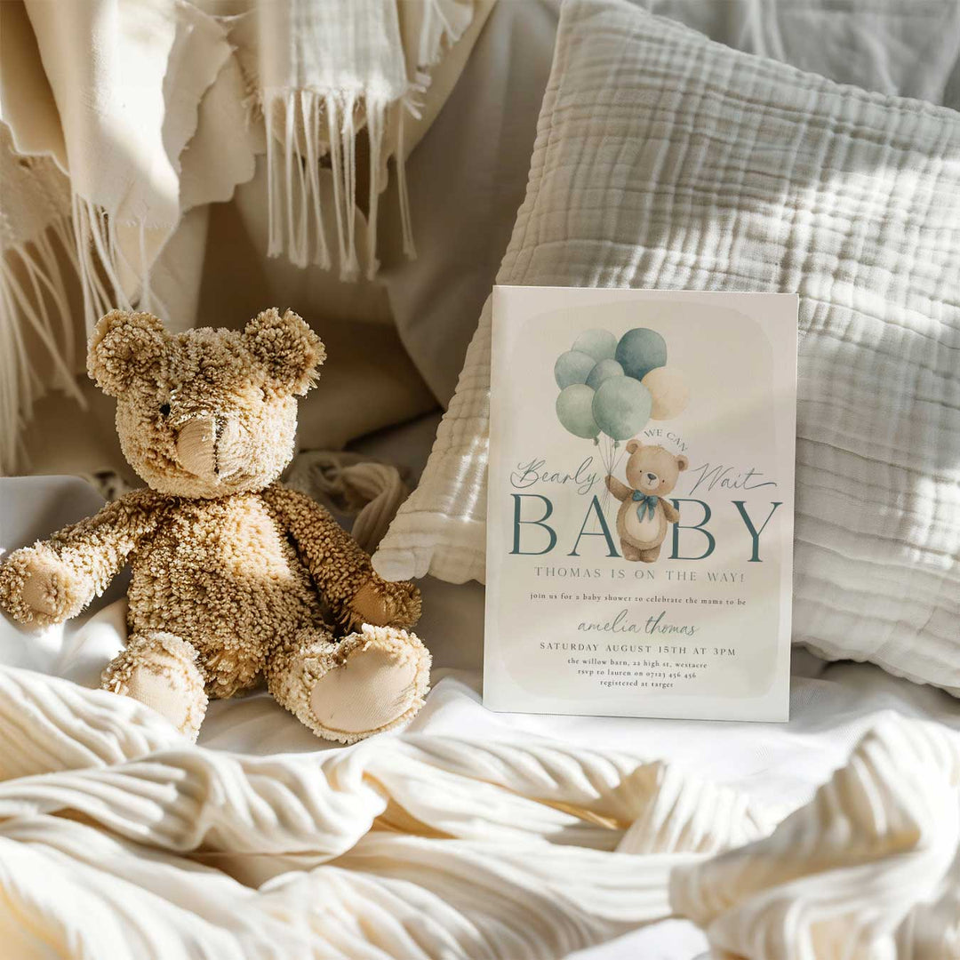 We Can Bearly Wait Blue Balloons Invitation