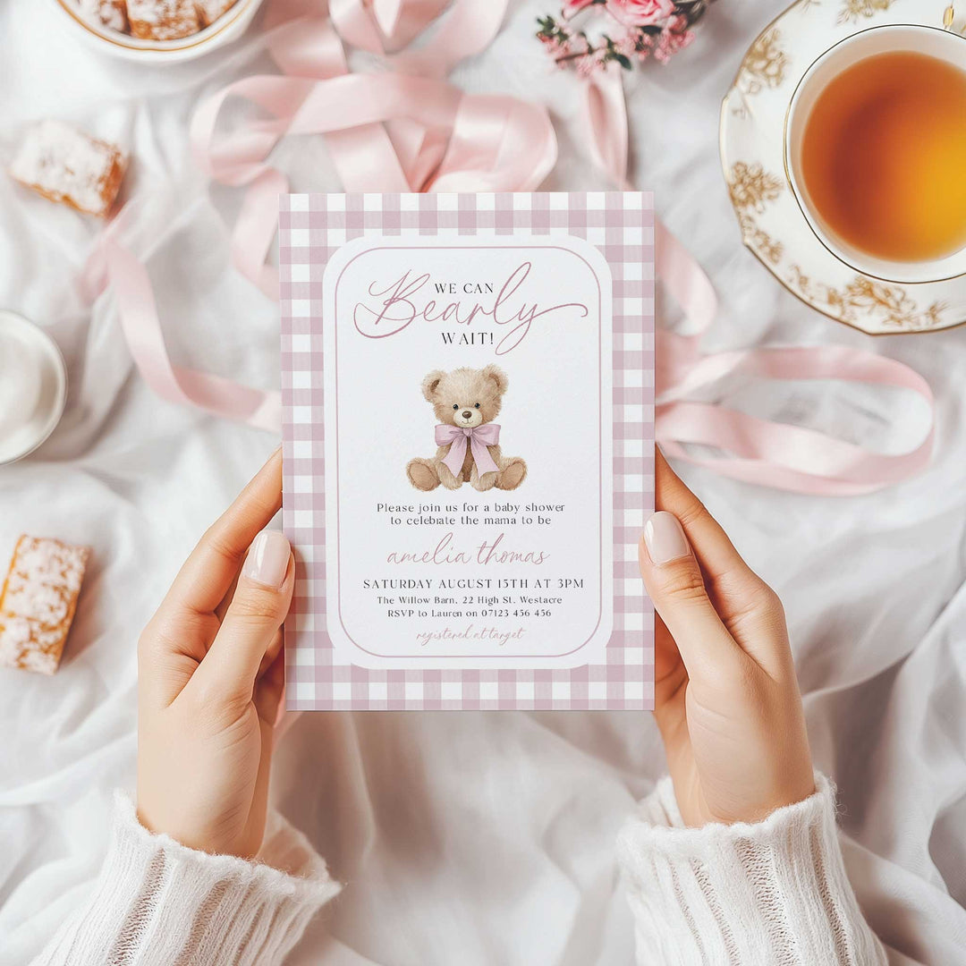 We Can Bearly Wait Pink Gingham Invitation