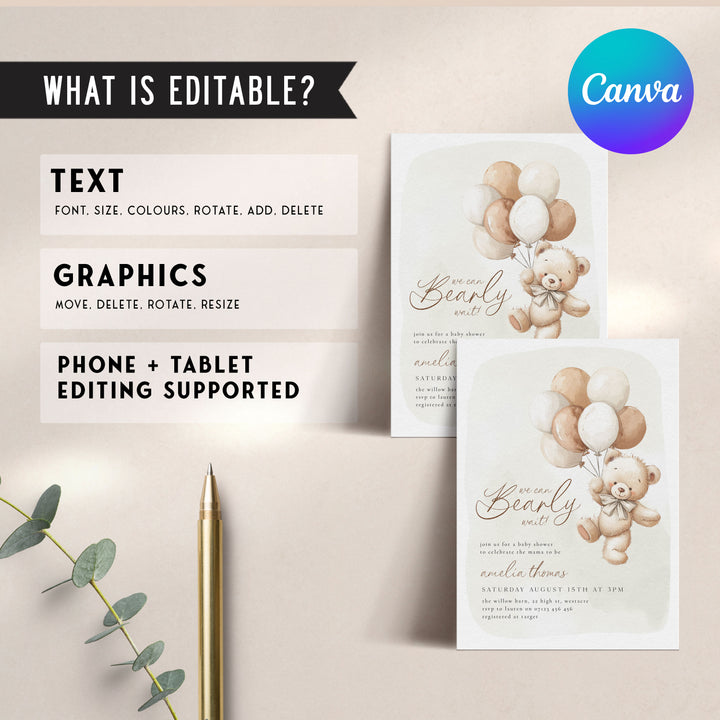 We Can Bearly Wait Neutral Balloons Invitation