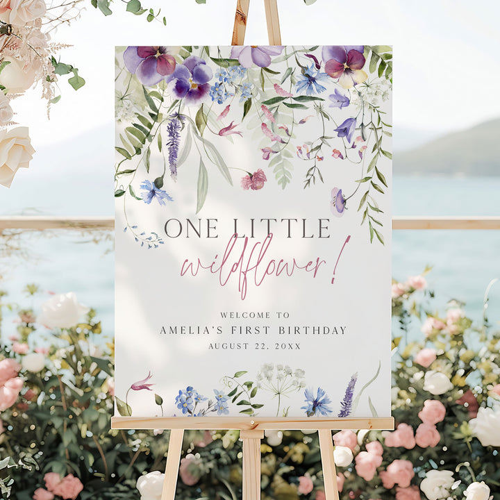 Purple One Little Wildflower Birthday Welcome Sign