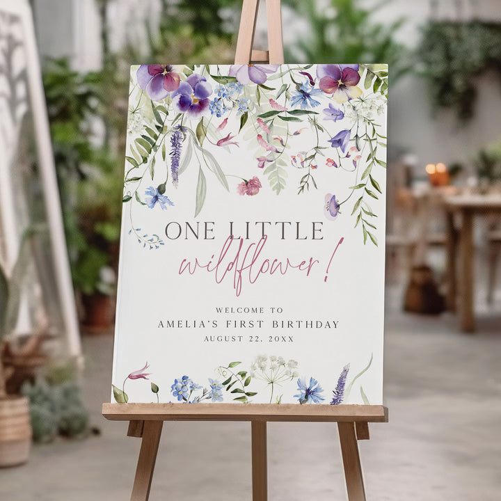 Purple One Little Wildflower Birthday Welcome Sign
