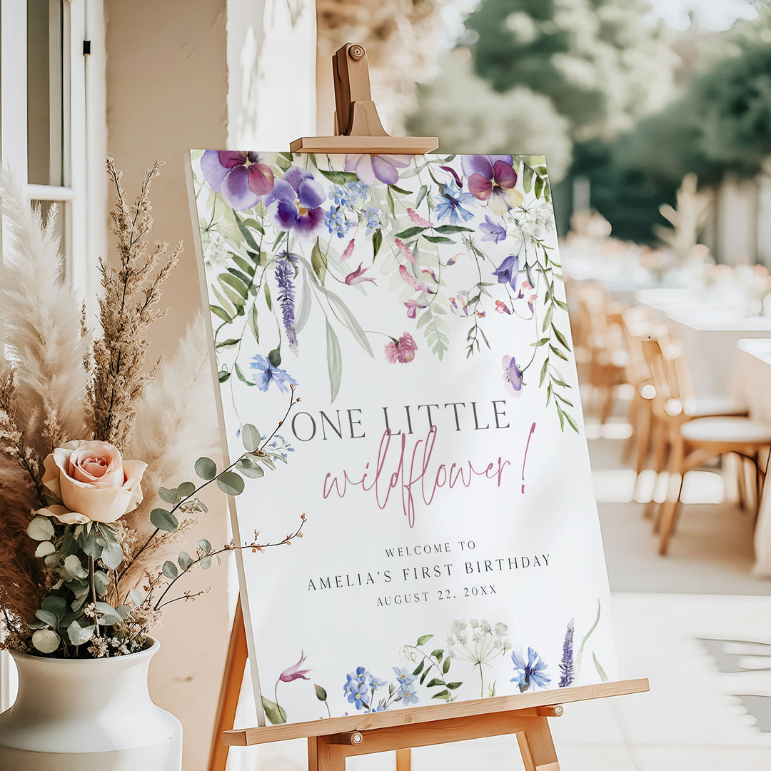 Purple One Little Wildflower Birthday Welcome Sign