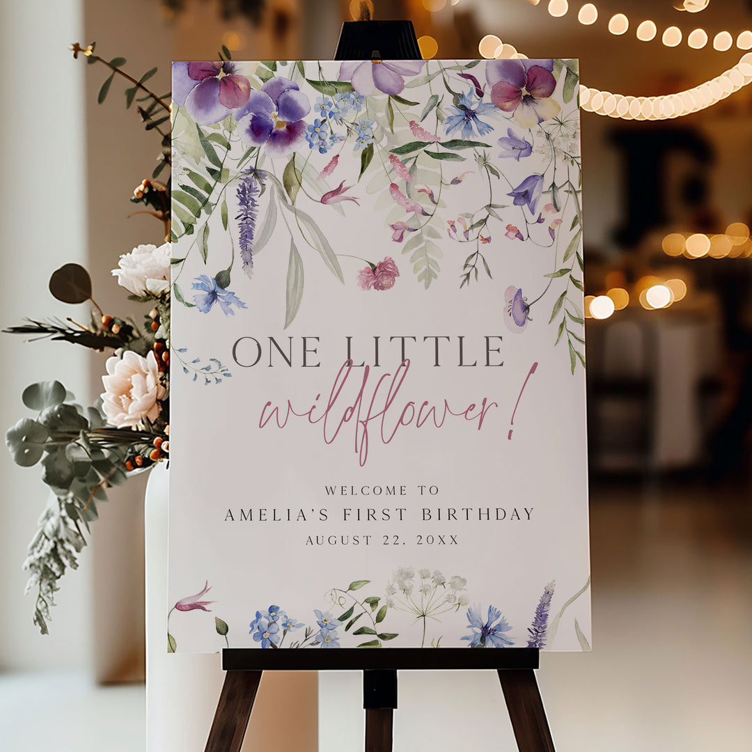 Purple One Little Wildflower Birthday Welcome Sign