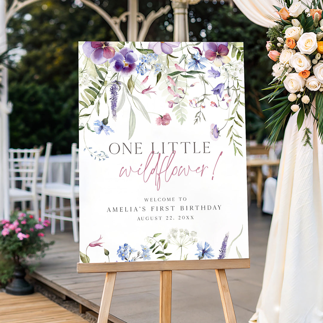 Purple One Little Wildflower Birthday Welcome Sign