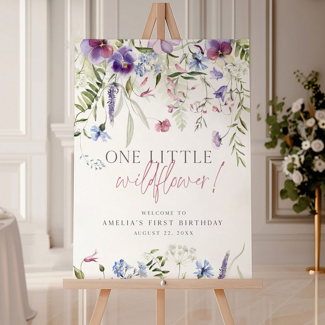 Purple One Little Wildflower Birthday Welcome Sign