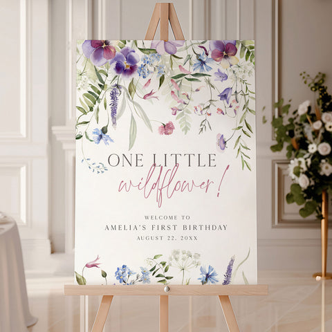 Purple One Little Wildflower Birthday Welcome Sign