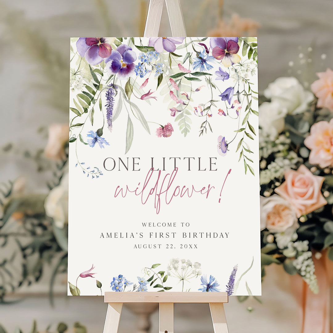 Purple One Little Wildflower Birthday Welcome Sign
